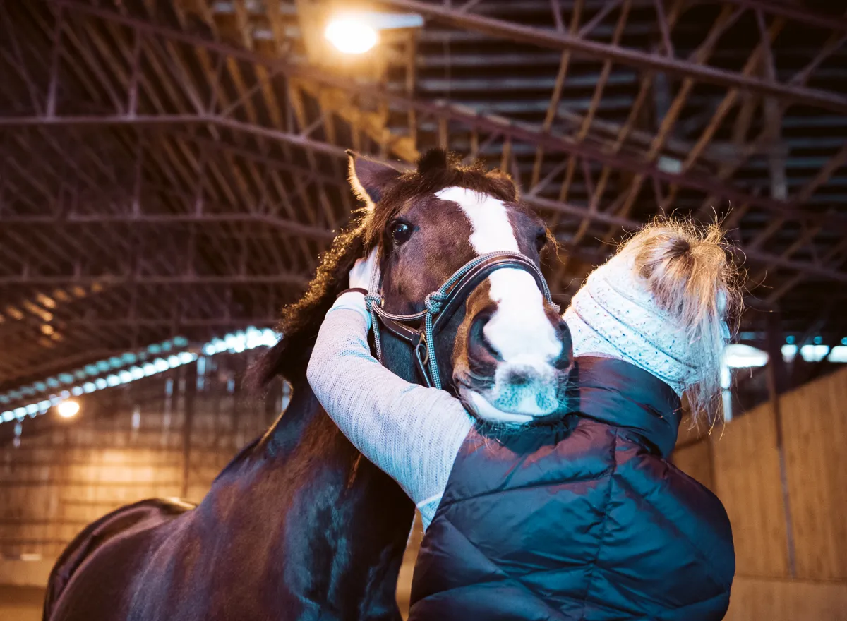 Erin Grace giving a horse a massage treatment in a stable near Kingston, Ontario