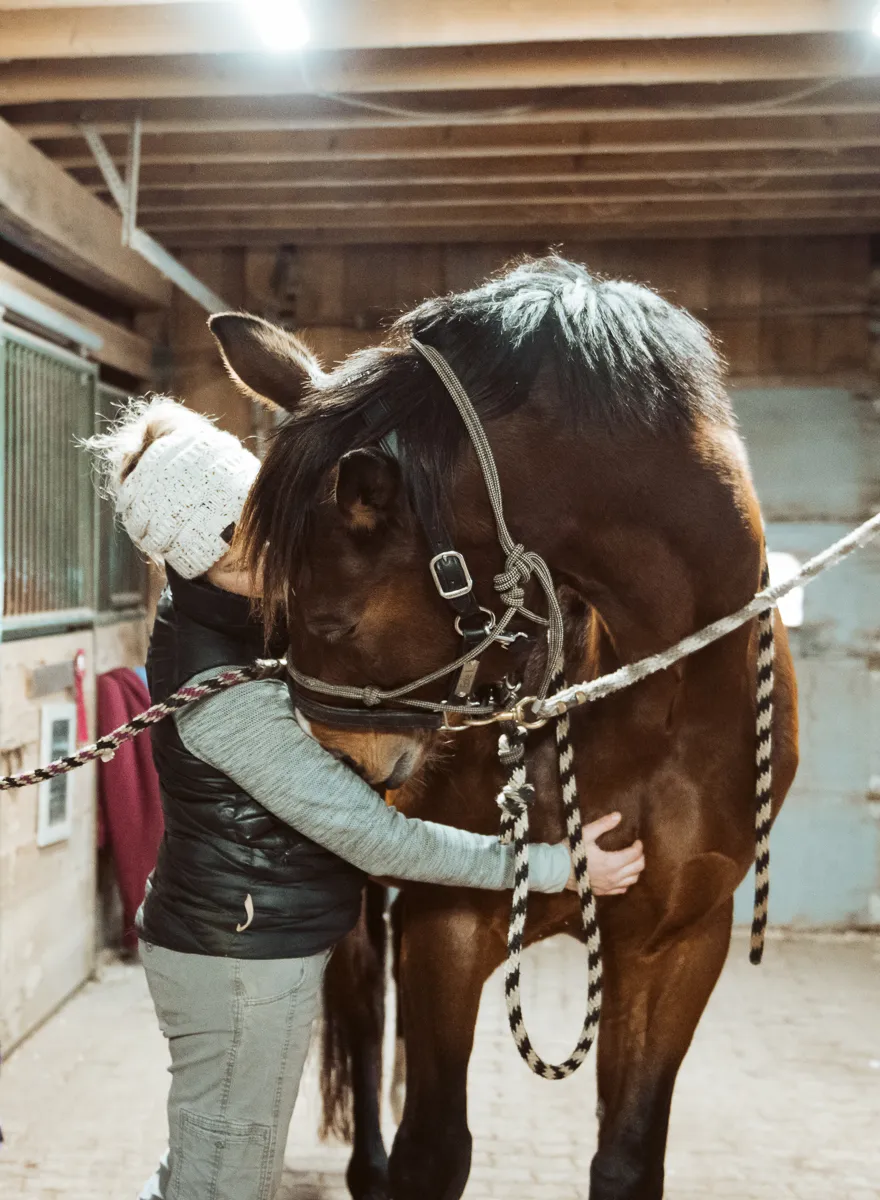 Erin Grace with a horse and Franklin the mini pony at her Smiths Falls farm